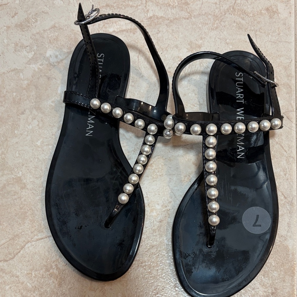 Stuart Weitzman Black Sandals with Pearl Accents